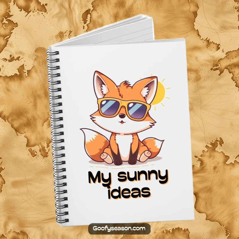 Funny fox with oversized sunglasses enjoying a sunny beach day on a notebook, perfect for jotting down ideas.