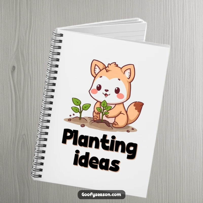 Funny notebook cover featuring a determined animal character planting a vibrant seedling with a hopeful expression.