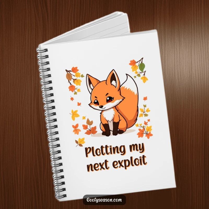 Funny fox notebook with a determined fox and swishing tail among autumn leaves, perfect for jotting down notes and ideas.