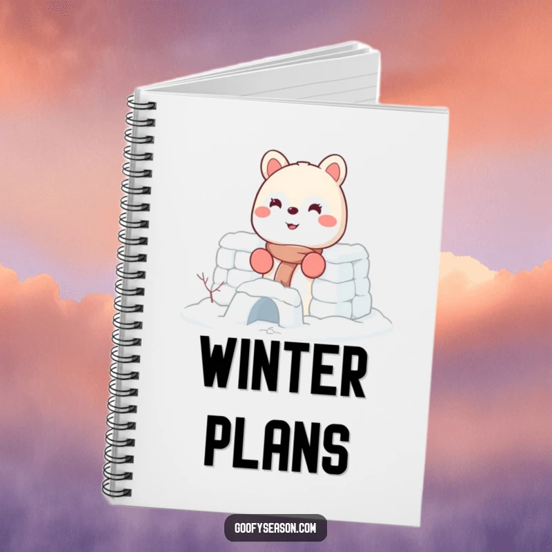 Funny notebook cover featuring an energetic smiling animal character wearing tiny mittens and building a snow fort.