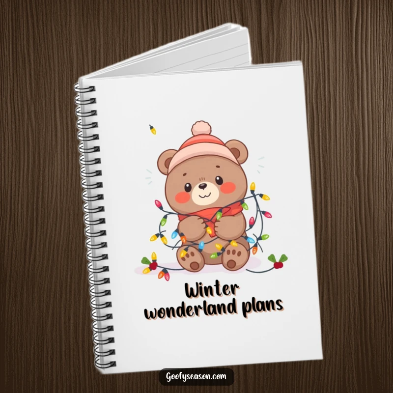 Funny Kawaii bear humorously tangled in festive winter lights, perfect for jotting down notes in a cute notebook.