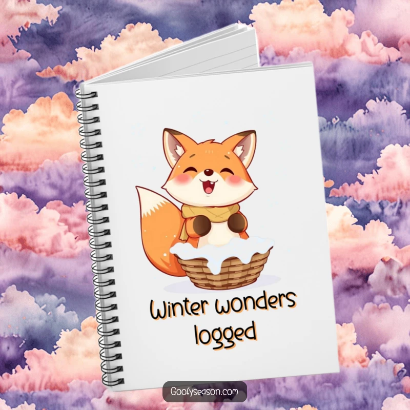 Funny Fox Notebook: A smiling fox enthusiastically catching falling snowflakes in a basket, perfect for winter journaling.