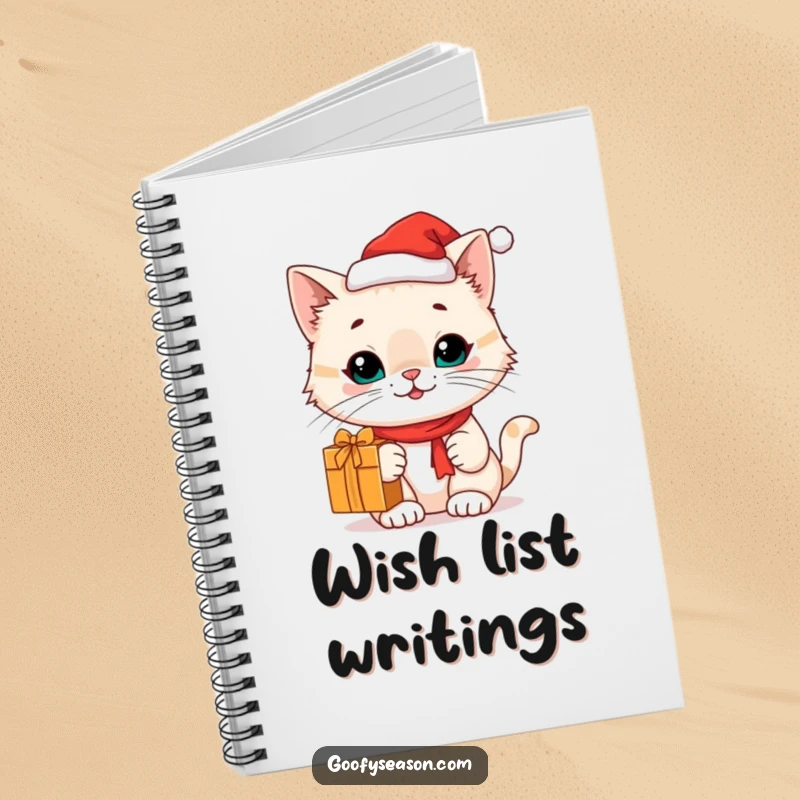 Funny cat with a Santa hat and gift on a notebook cover, inspiring holiday thoughts, funny gift.