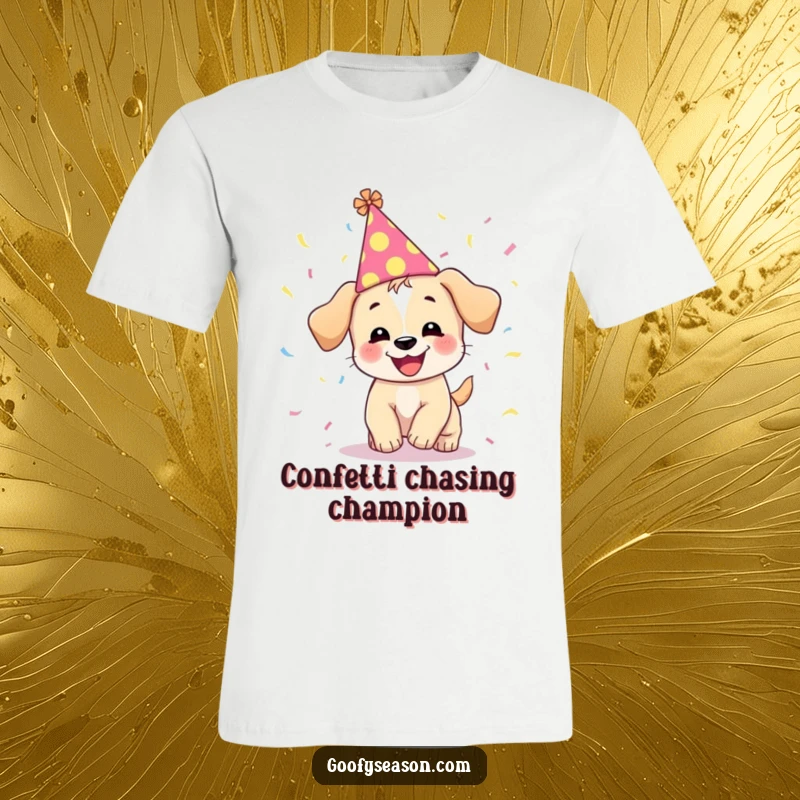 Funny t-shirt with a giggling puppy wearing a festive hat, playfully chasing a shower of colorful confetti.