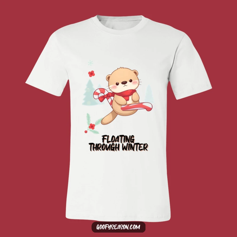 Funny Kawaii Otter Candy Cane Float T-Shirt - Winter Merriment Wear