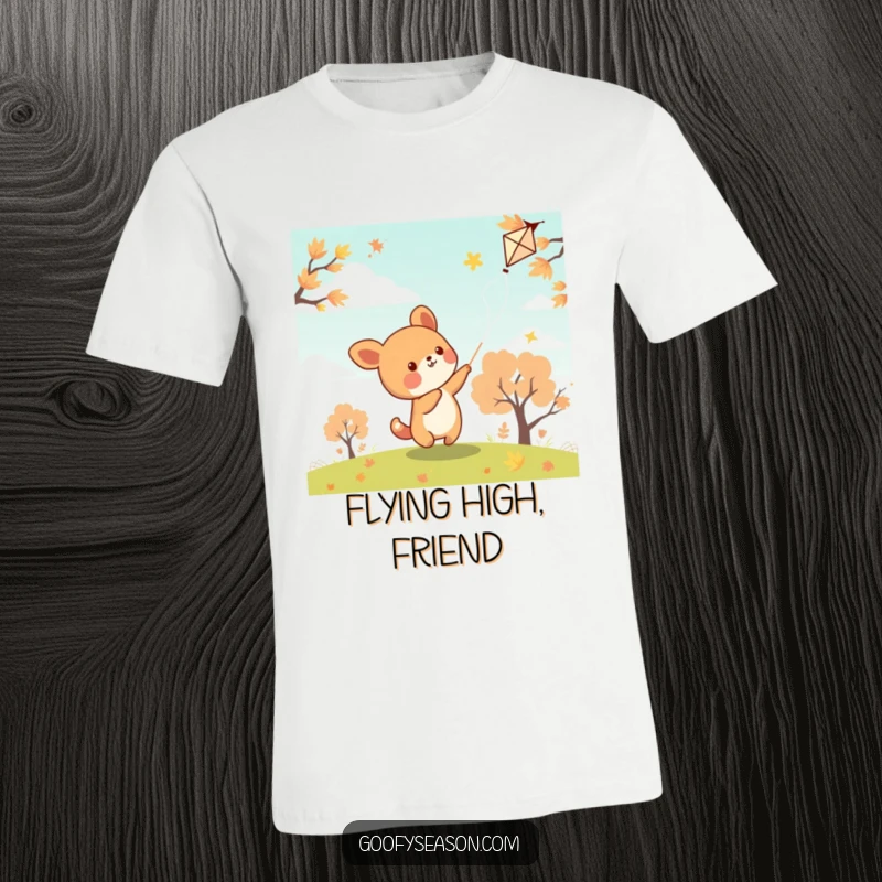 Funny kawaii animal character joyfully flying a kite on a breezy autumn day with a smile on this t-shirt.