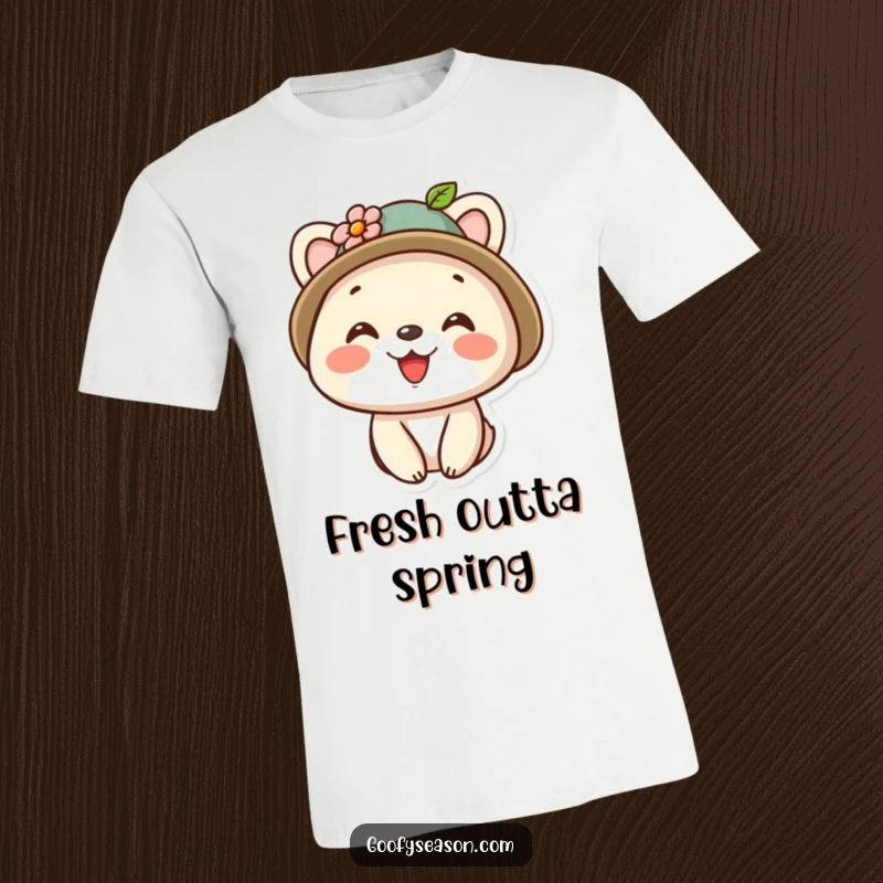 Funny kawaii animal character wearing a tiny hat decorated with a flower, beaming with a bright smile on this t-shirt.
