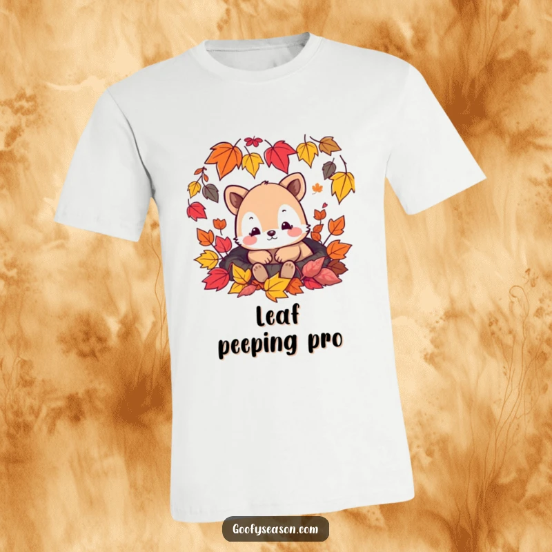 Funny t-shirt print of a content animal character sitting peacefully amidst a shower of colorful falling autumn leaves.