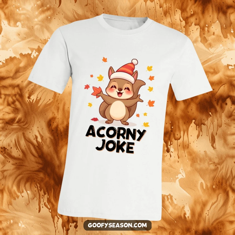 Funny T-Shirt: Joyful squirrel wearing a festive hat, playfully juggling red, yellow, and orange leaves.