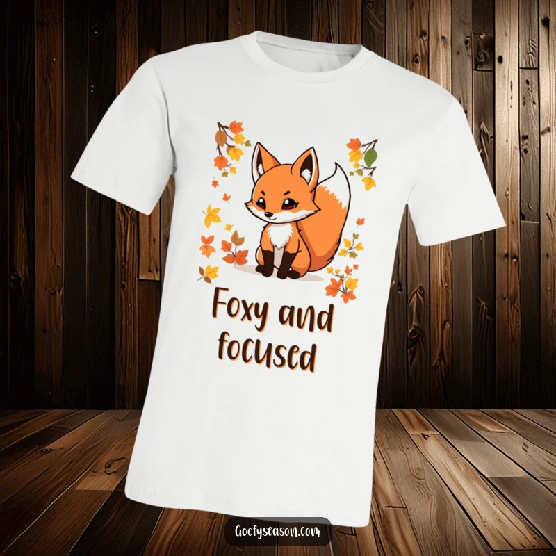 Funny fox t-shirt depicting a determined fox with a swishing tail amidst colorful autumn foliage, embodying fall energy.