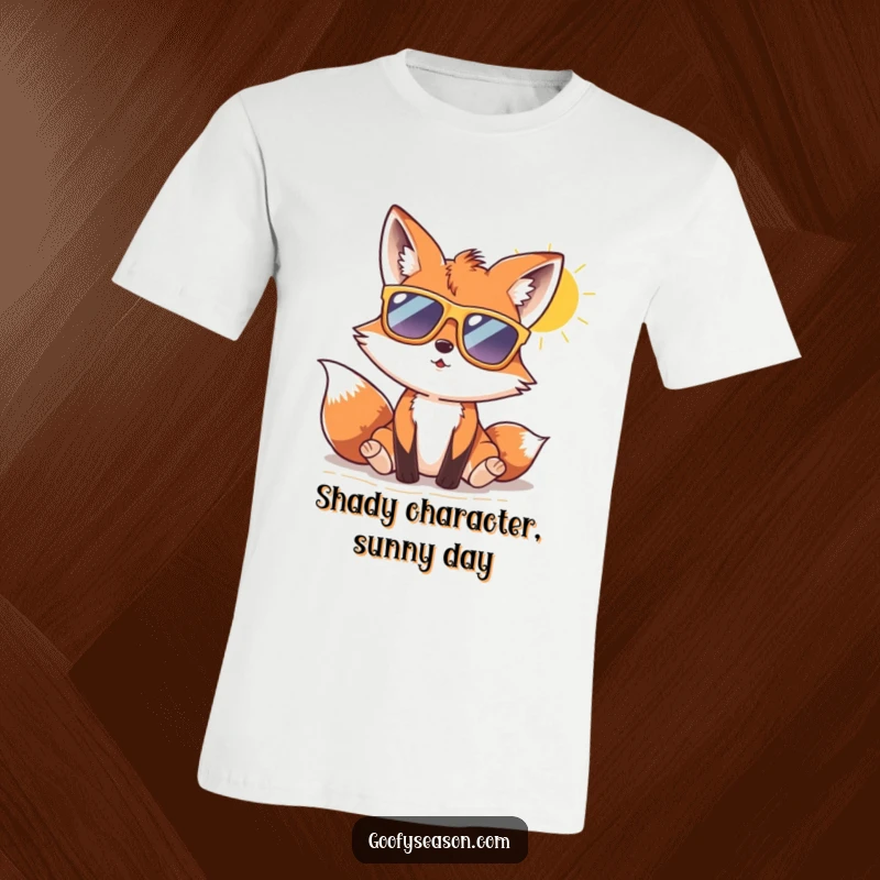 Funny fox wearing large sunglasses, enjoying a sunny beach day, depicted in a cool t-shirt design.