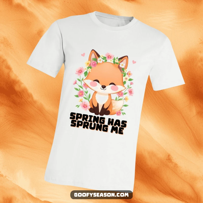 Funny t-shirt with a happy fox wearing a spring wreath, surrounded by blooming flowers, celebrating the cheerful essence of spring.