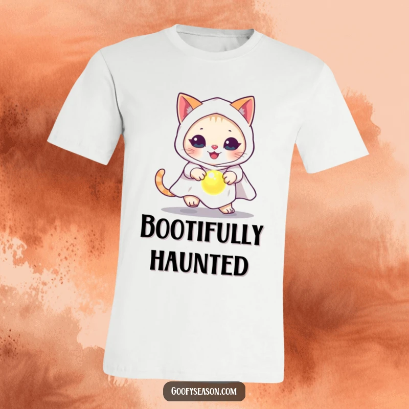 Playful cat dressed as a ghost, chasing a glowing orb on a comfortable, funny t-shirt.