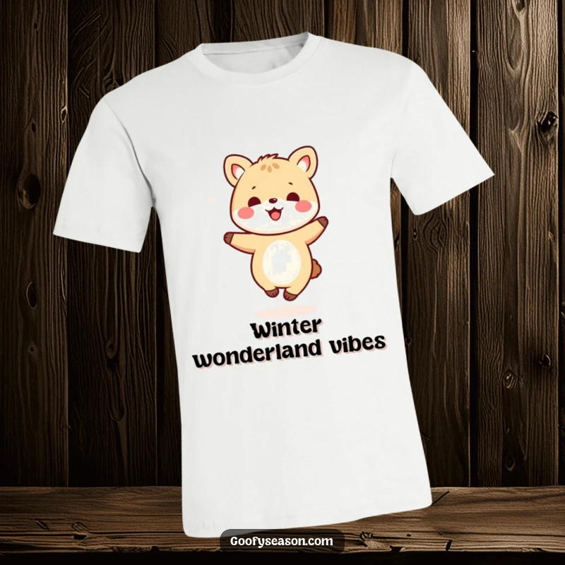 Funny kawaii animal character performing a joyful dance in a flurry of snowflakes on this comfortable t-shirt.