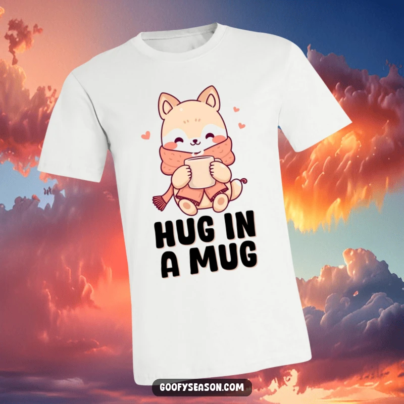 Funny kawaii animal character wearing a scarf and holding a steaming mug, embodying ultimate comfort.