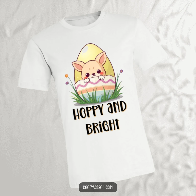 Funny kawaii animal character peeking from behind a colorful Easter egg, full of surprise on this t-shirt.