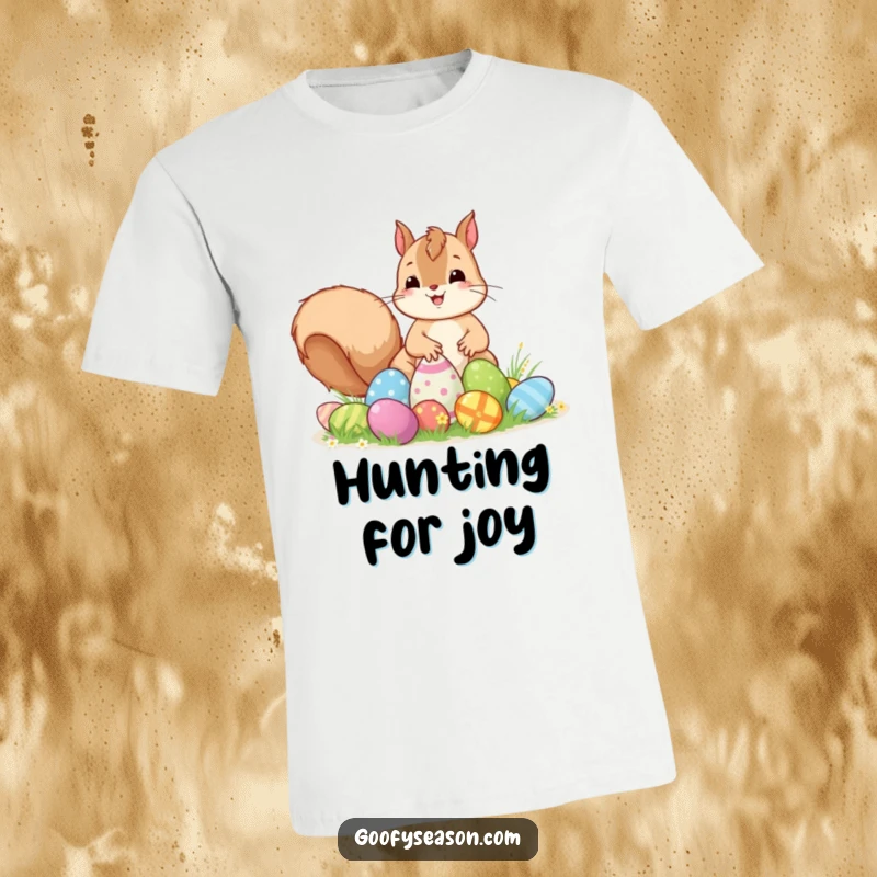 Funny Kawaii squirrel, full of excitement, placing colorful Easter eggs for a hunt on a festive t-shirt.