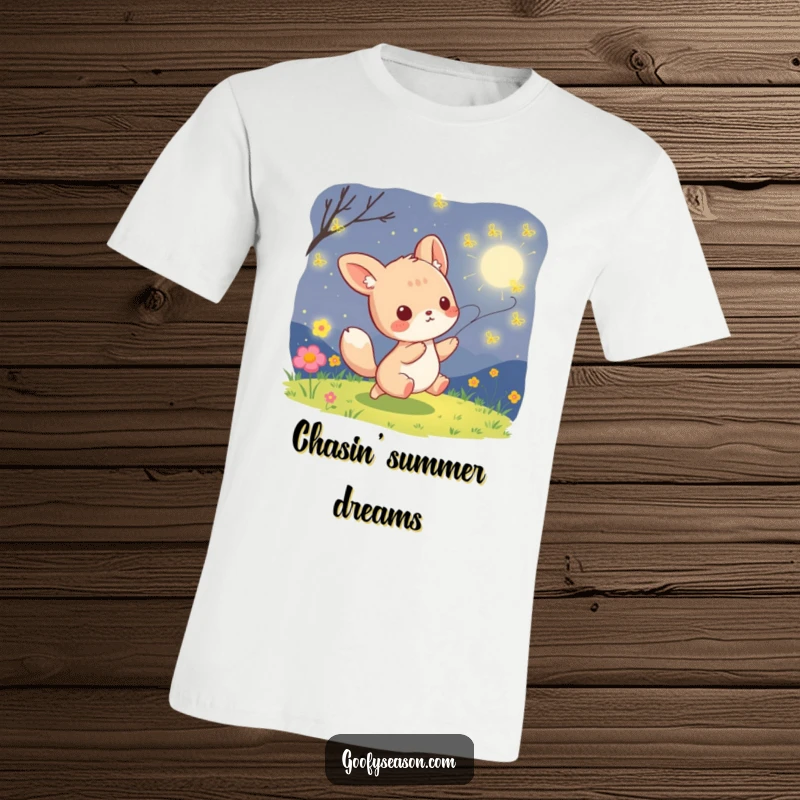 Funny kawaii animal character playfully pursuing magical fireflies on a balmy summer night, printed on this t-shirt.