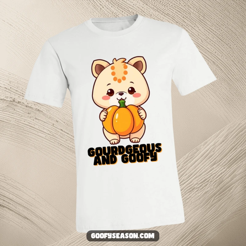 Funny kawaii animal character with a huge smile holding a big orange pumpkin, showcasing autumn's best on this t-shirt.