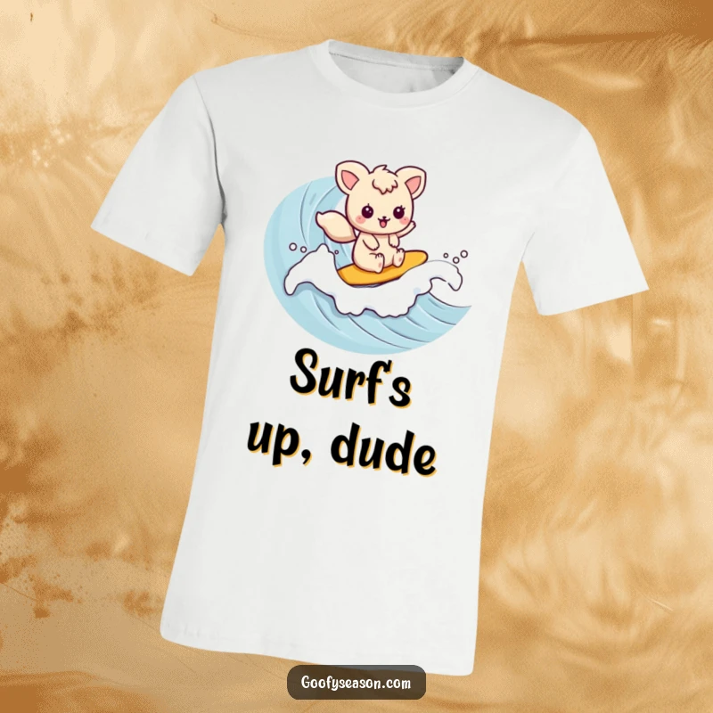 Funny kawaii animal character surfing a gentle wave with a smile, exuding seaside fun on this t-shirt.