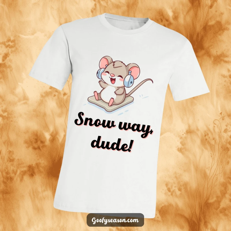Funny T-Shirt: A giggling mouse sporting earmuffs slides gleefully down a snow-covered hill.
