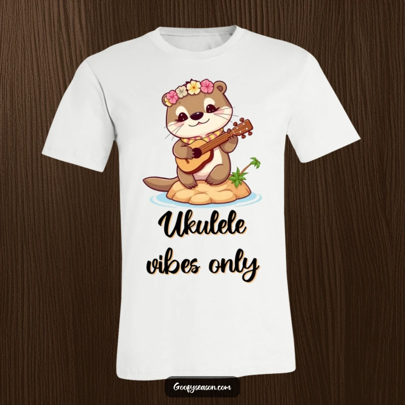 Funny otter t-shirt depicting a cute otter wearing a lei, playing a ukulele on a small, charming island. Hilarious island fun.