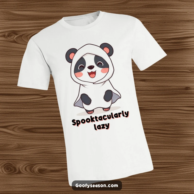Funny Panda Ghost T-Shirt: A smiling panda wears a ghost costume for Halloween, looking incredibly cute and playfully menacing.