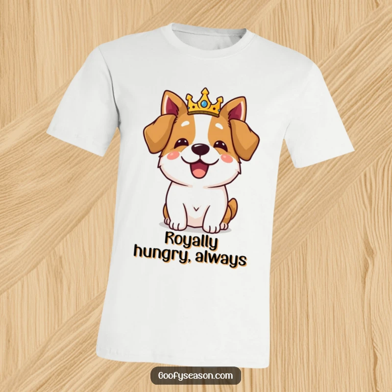 Funny dog wearing a miniature crown at a royal feast, celebrating grandly on a comfortable t-shirt.