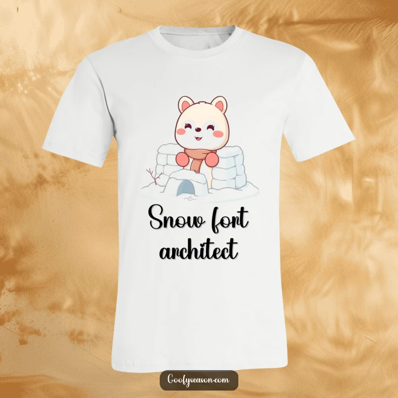 Funny t-shirt design of an energetic smiling animal character diligently building a snow fort, complete with tiny mittens.