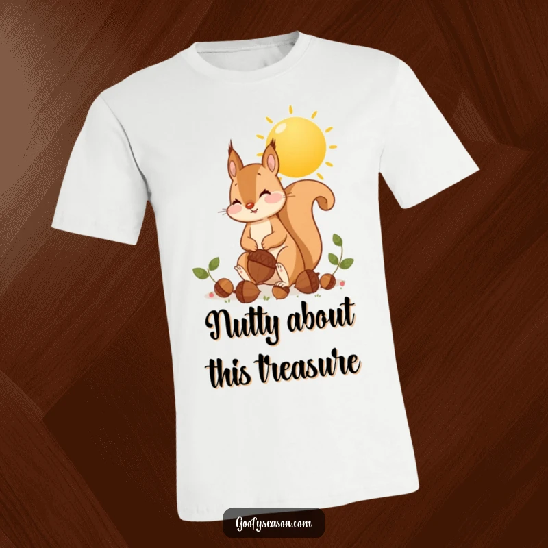 Funny squirrel gathering oversized acorns under a golden sun, autumn humor shirt, cute character.