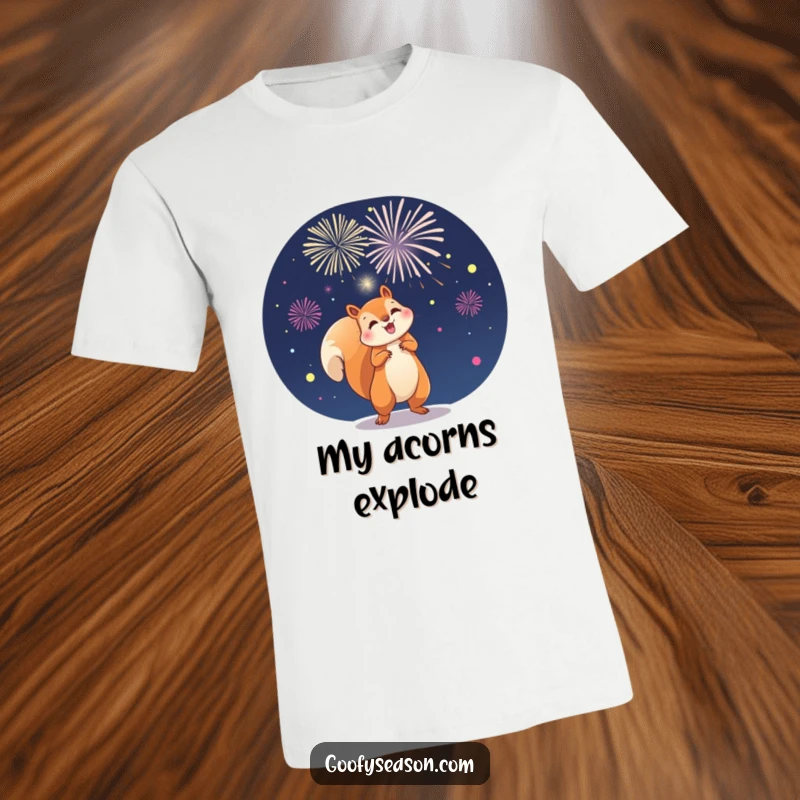 Funny t-shirt depicting a playful squirrel launching bright fireworks into the night sky, creating a dazzling display.