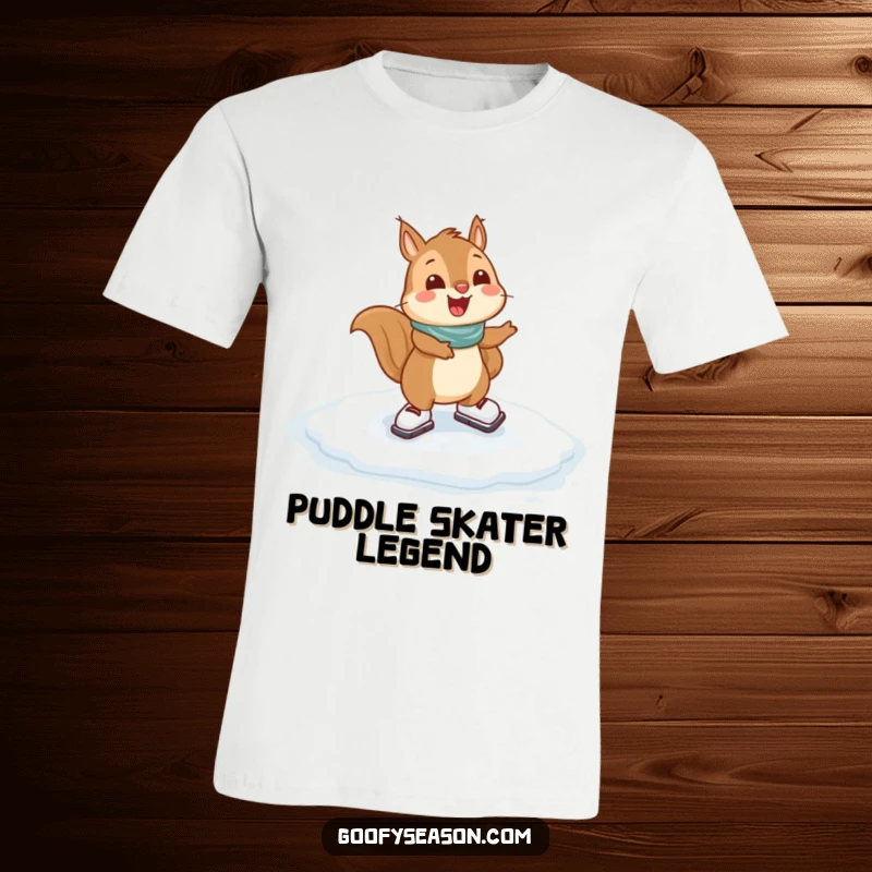 Funny Squirrel T-Shirt: A happy squirrel gleefully ice skating on a frozen puddle, radiating winter cheer.