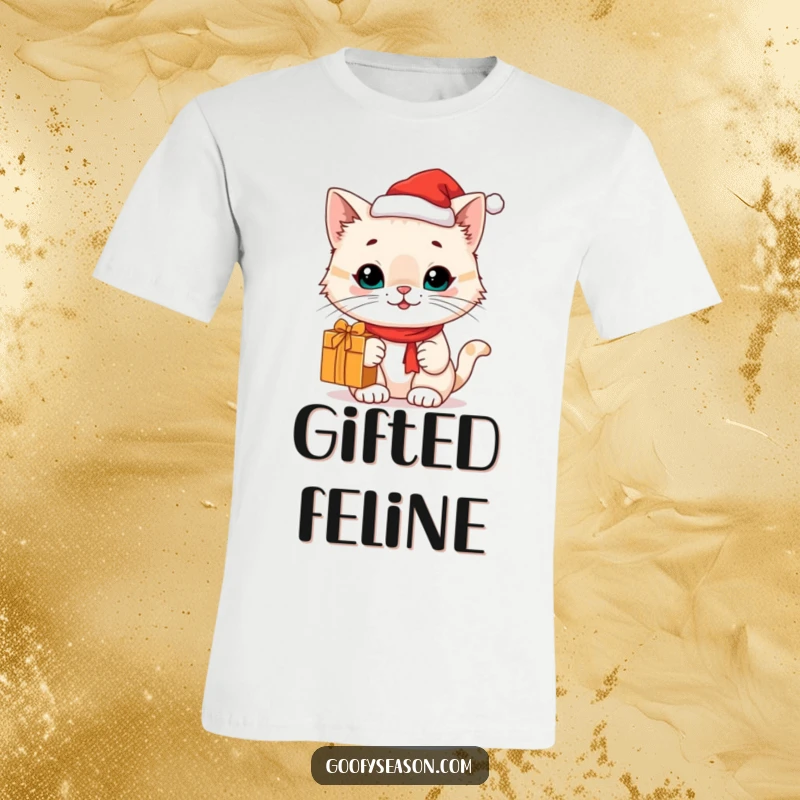 Funny cute cat wearing a Santa hat and holding a present, printed on a t-shirt, celebrating Christmas, funny gift.