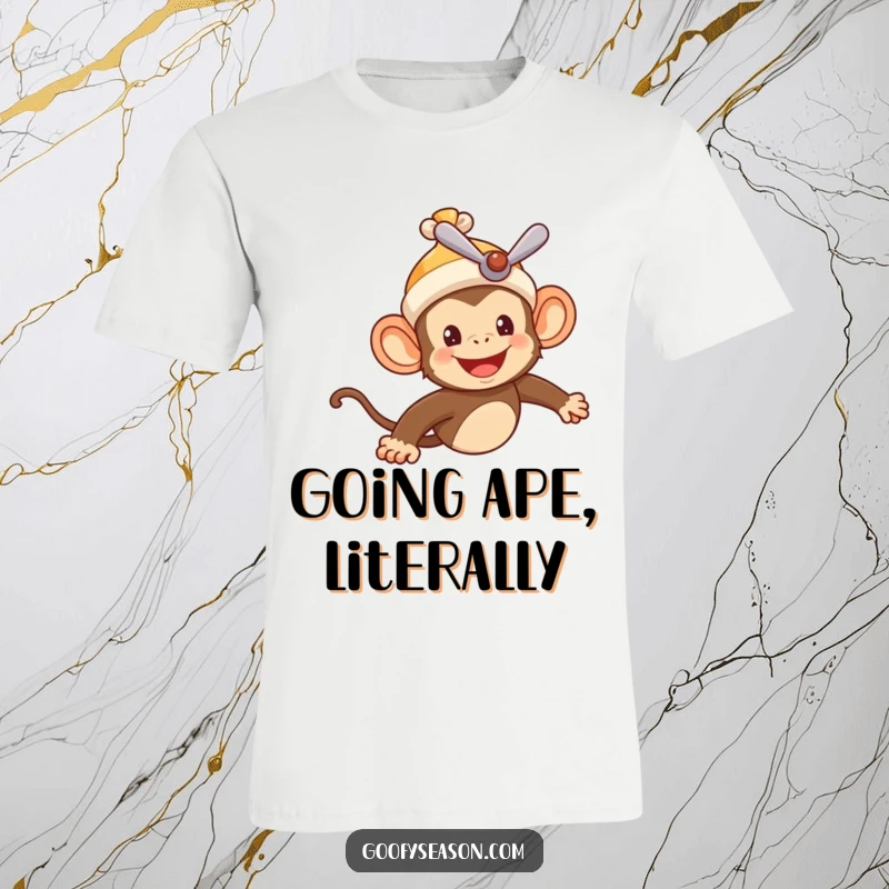 Funny t-shirt with a cheerful monkey wearing a propeller beanie, joyfully flying in a vibrant summer sky, offering fun vibes.