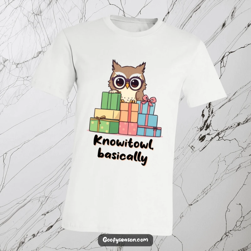 Funny owl wearing spectacles, peeking behind presents, on a t-shirt, a smart funny gift.