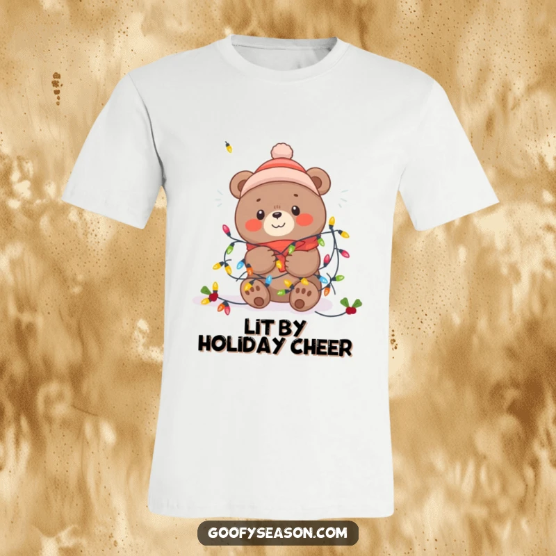 Funny Kawaii bear caught in a cheerful tangle of bright festive winter lights on a graphic t-shirt.