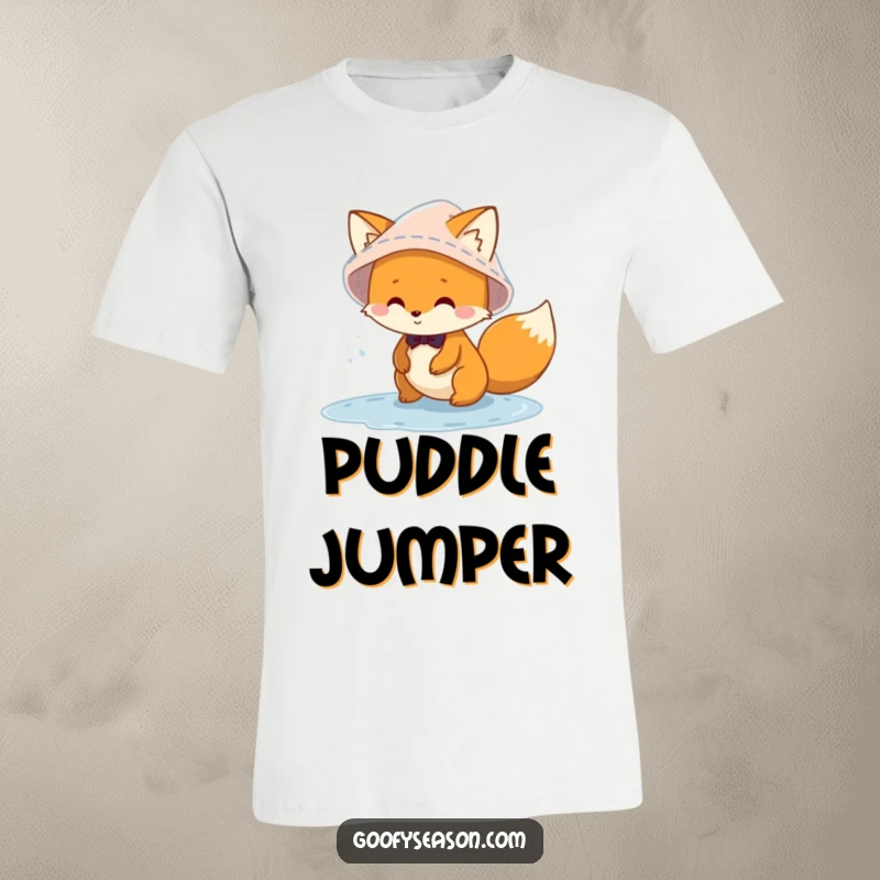 Funny mischievous fox character wearing a rain hat, splashing gleefully in puddles on a T-shirt, symbolizing rainy day joy.