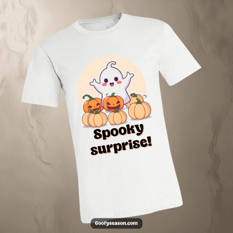 Funny T-Shirt: Happy ghost character playfully surprising unsuspecting pumpkins with a cheerful, spooky vibe.