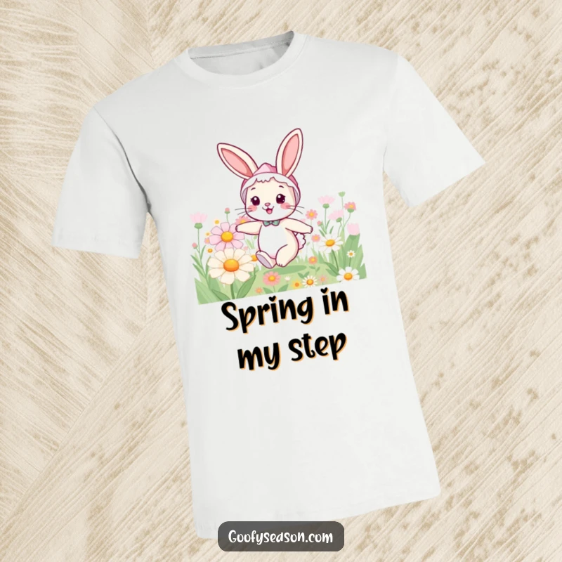 Funny bunny t-shirt featuring a cheerful rabbit in a spring bonnet, hopping amongst giant, colorful spring flowers.