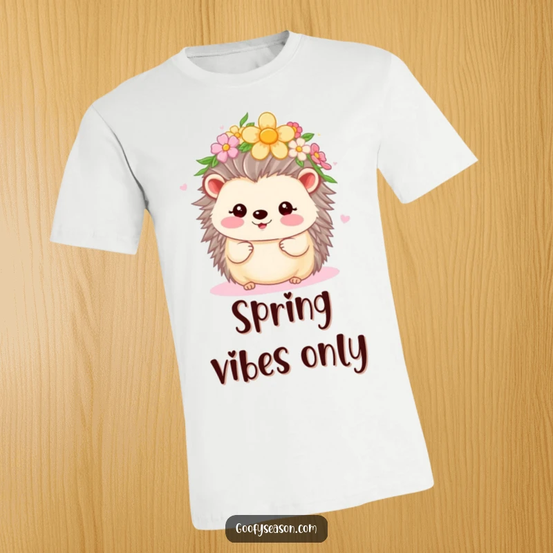 Funny Kawaii hedgehog with a flower crown, beaming brightly during spring, printed on a fun t-shirt.