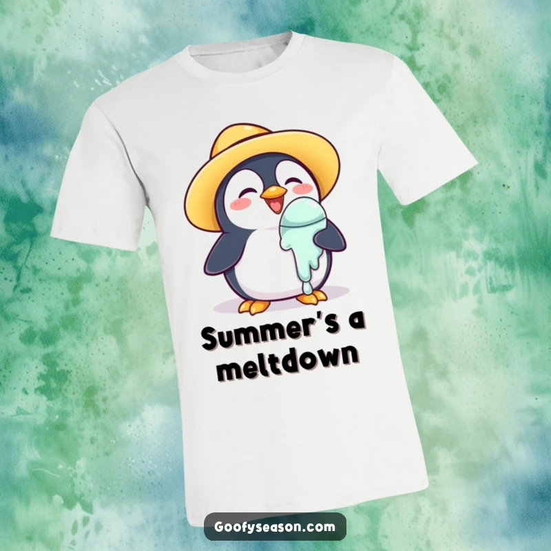 Funny T-Shirt: A joyful penguin wearing a sun hat holds a dripping ice cream cone.