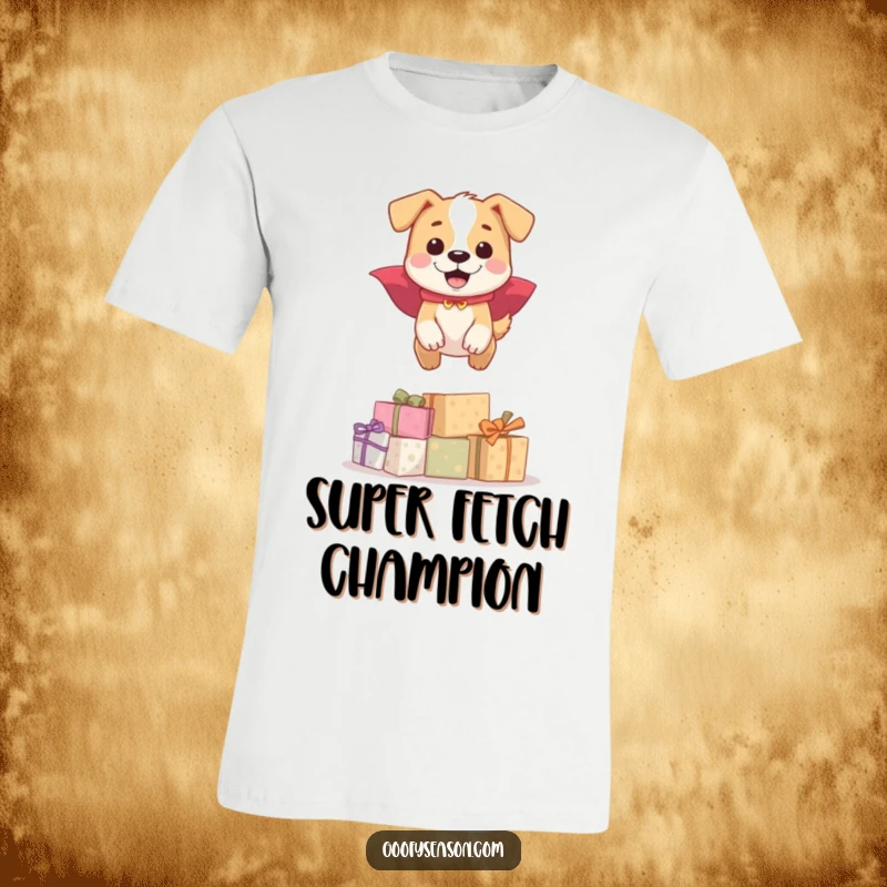 Funny happy dog wearing a cape, leaping over wrapped presents, on a t-shirt, a great funny gift.