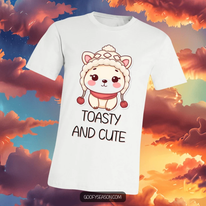 Funny kawaii animal character in a silly woolly hat with rosy cheeks, radiating winter charm on this t-shirt.