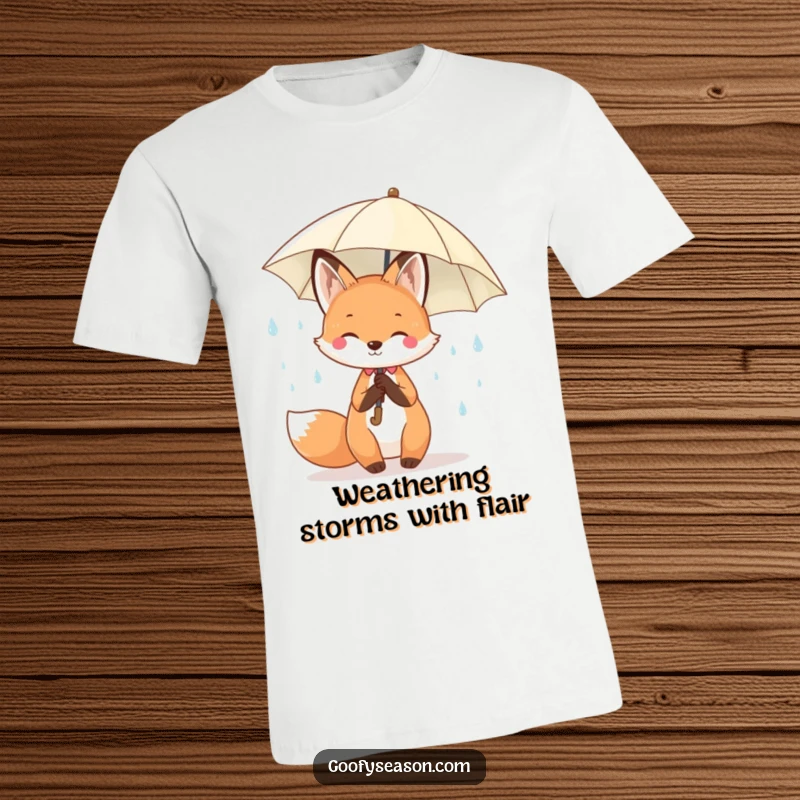 Funny Kawaii fox holding an umbrella, with cheerful raindrops splashing around it on a vibrant spring t-shirt.
