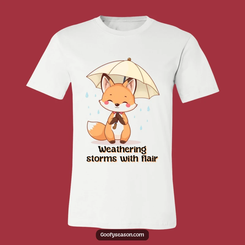 Funny Kawaii Spring Fox T-Shirt - Cheerful Raindrops Umbrella Tee Gift