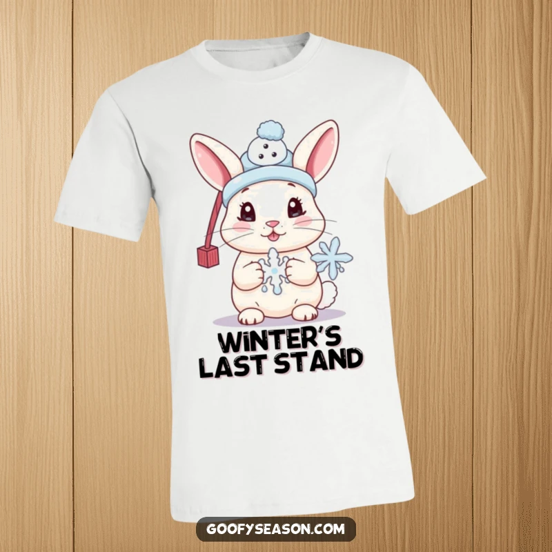 Funny t-shirt with a cute bunny sporting a tiny snowman hat and holding a melting snowflake, capturing winter's adorable and slightly sad charm.