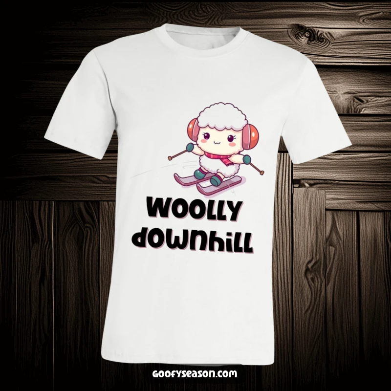Funny sheep character wearing earmuffs, comically skiing down a snow-covered hill on a T-shirt, representing winter adventure.