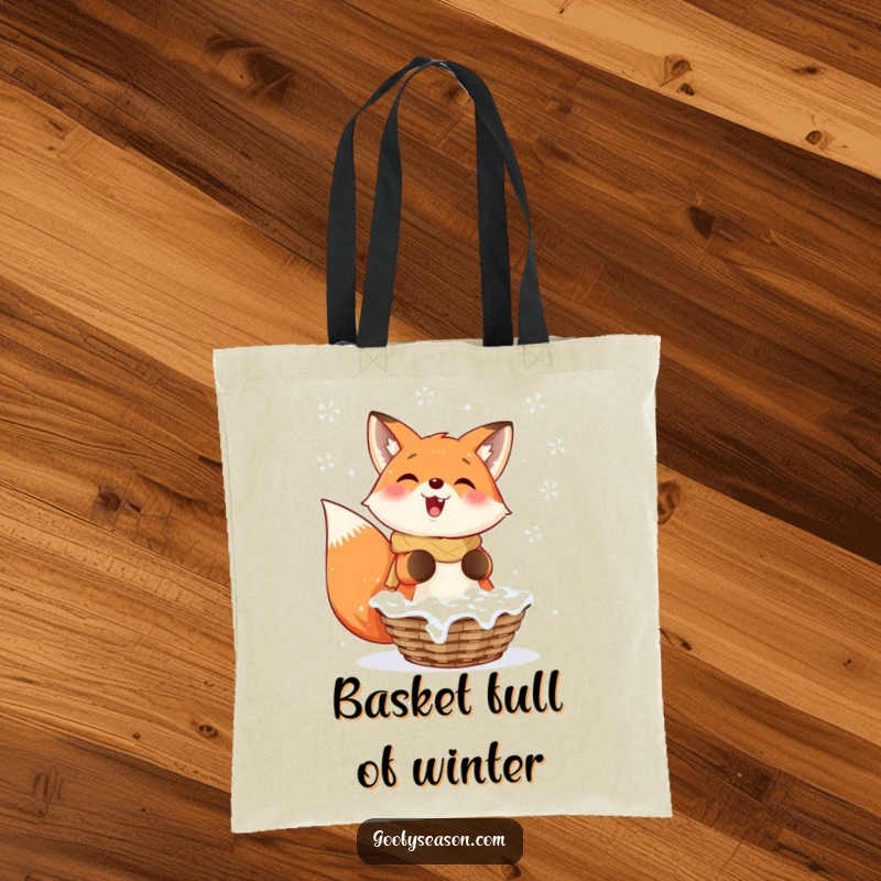 Funny Fox Tote Bag: A smiling fox enthusiastically catching falling snowflakes in a basket, ready for winter errands.