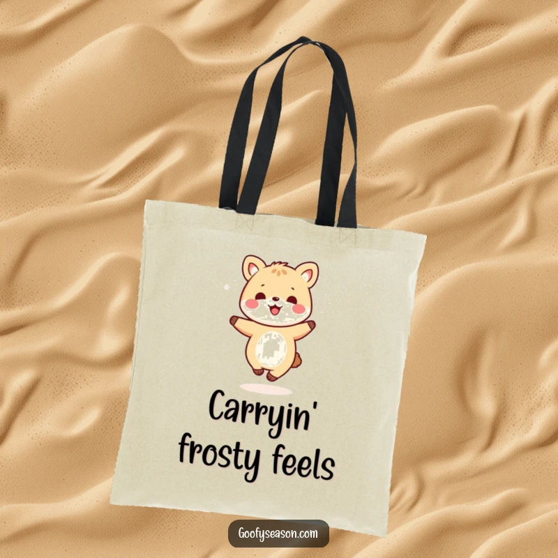 Funny kawaii animal character dancing gleefully in a swirl of snowflakes, printed on a durable and stylish tote bag.