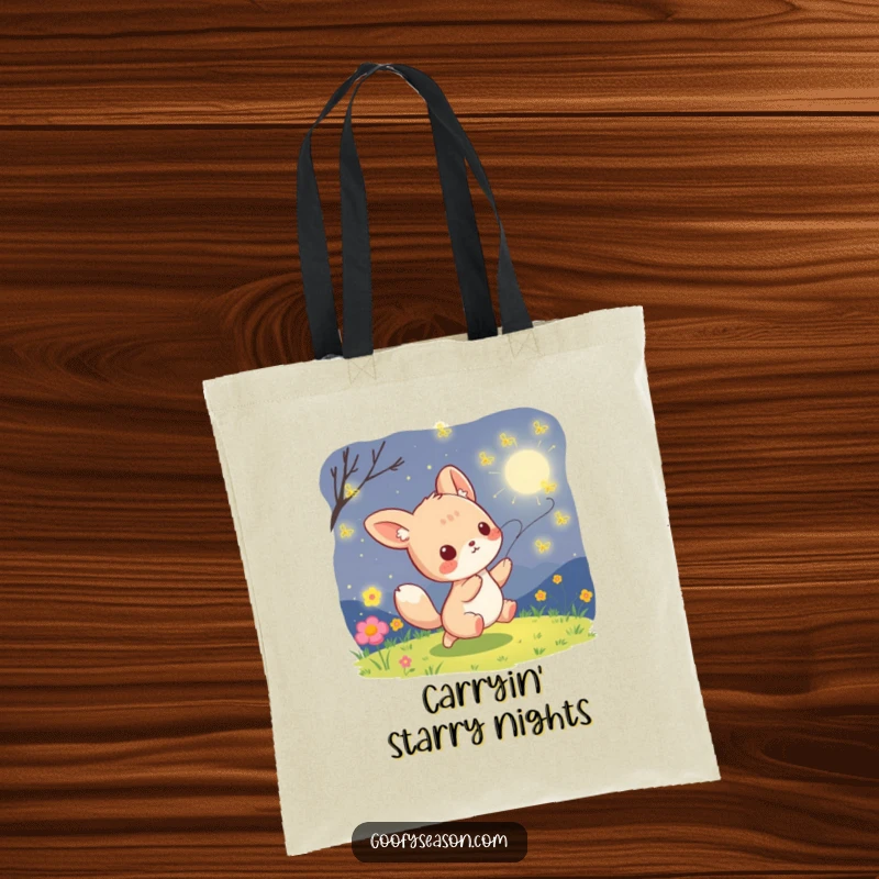 Funny kawaii animal character playfully chasing luminous fireflies on a mild summer night, printed on a stylish tote bag.